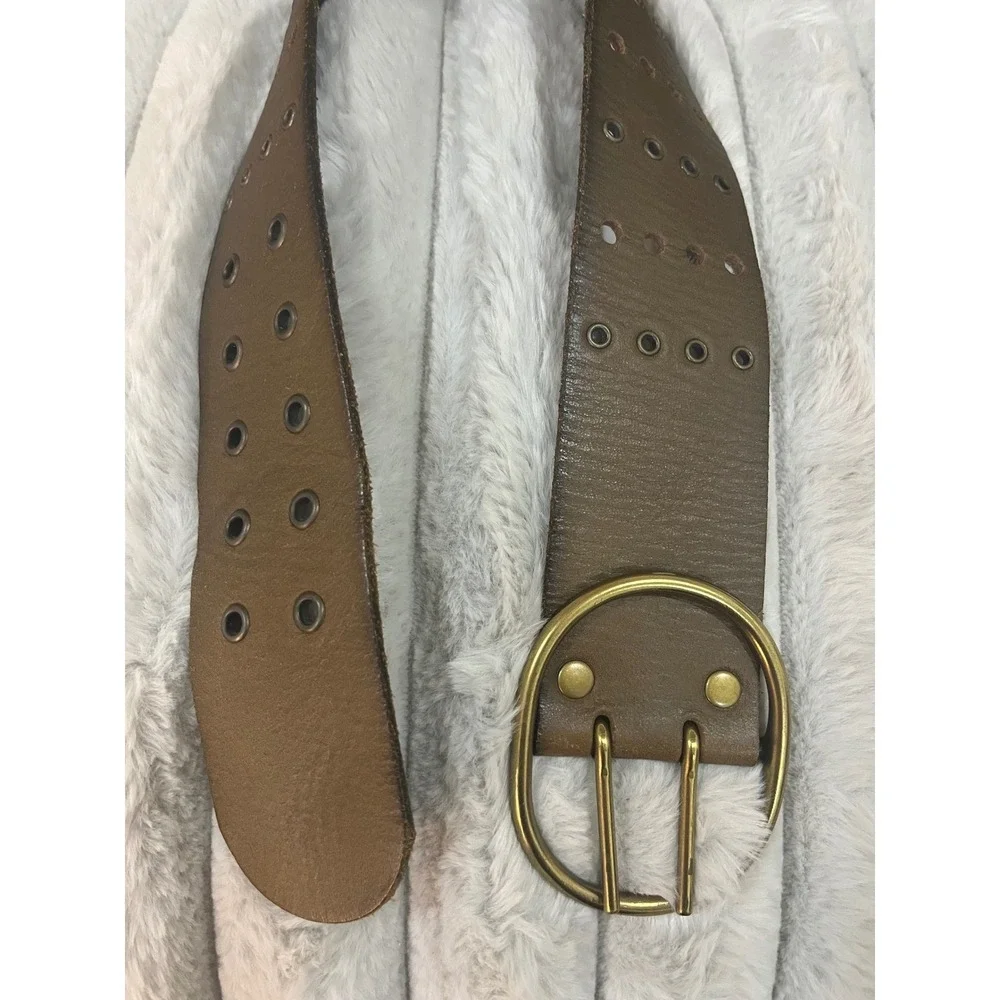 Linea Pelle Wide Leather Grommet Belt Women's Brown Brass‎ Double Prong Buckle S